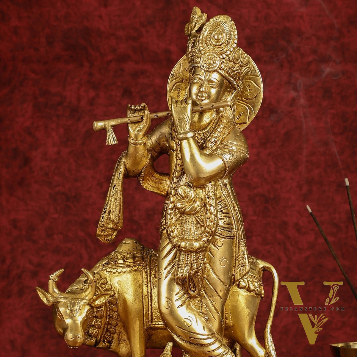 Brass Lord Krishna with Cow and Peacock | 16.5" Height