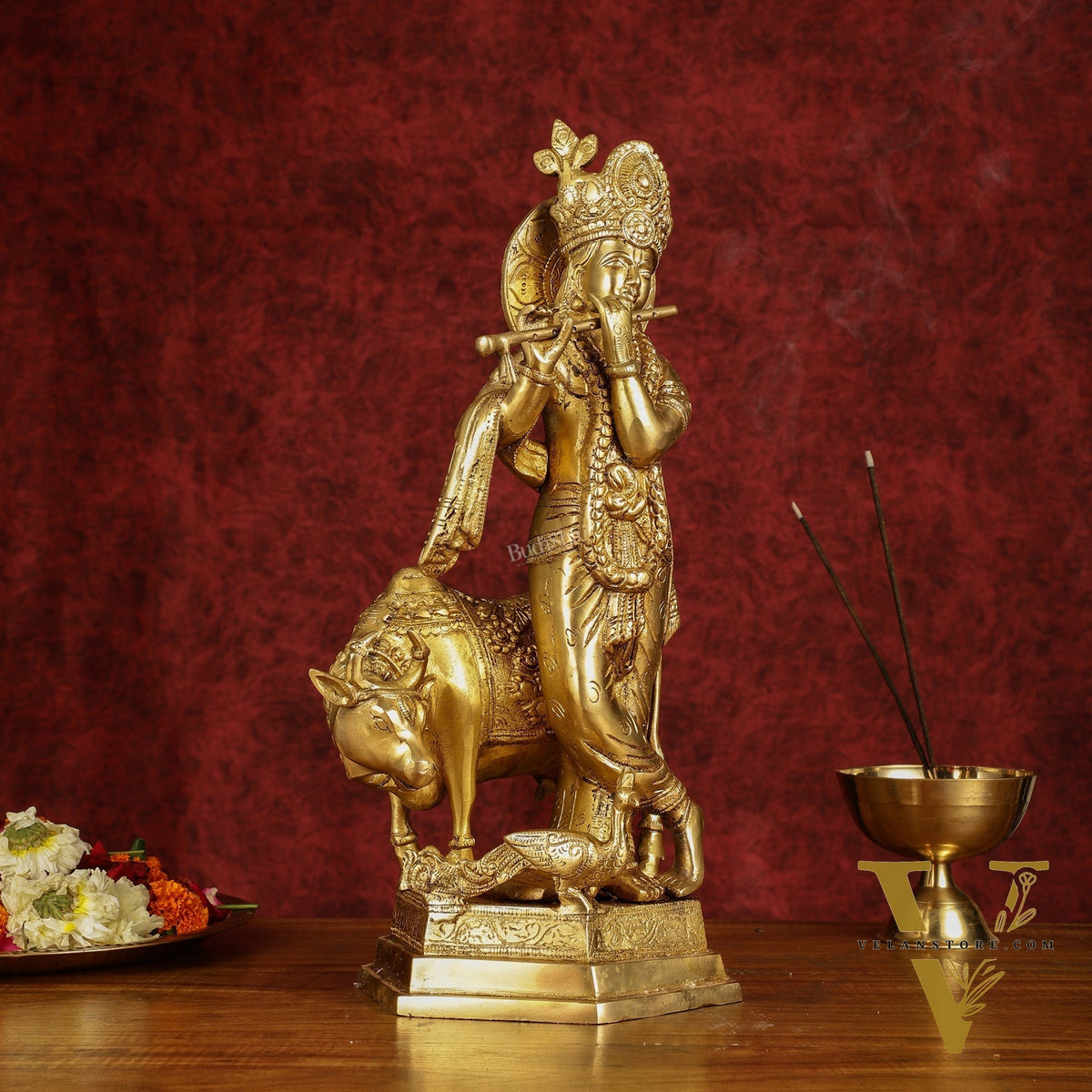 Brass Lord Krishna with Cow and Peacock | 16.5" Height