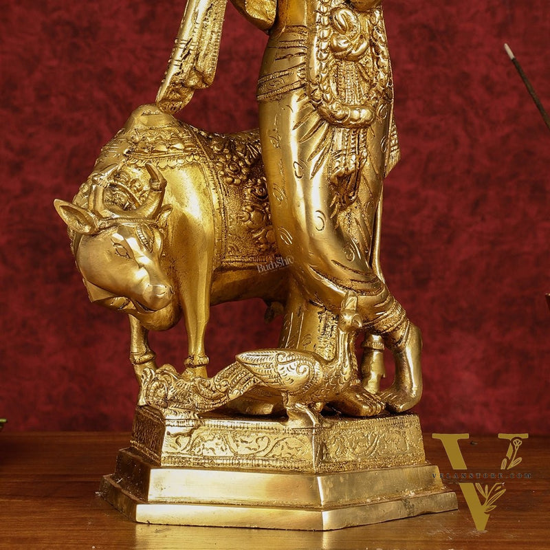 Brass Lord Krishna with Cow and Peacock | 16.5" Height