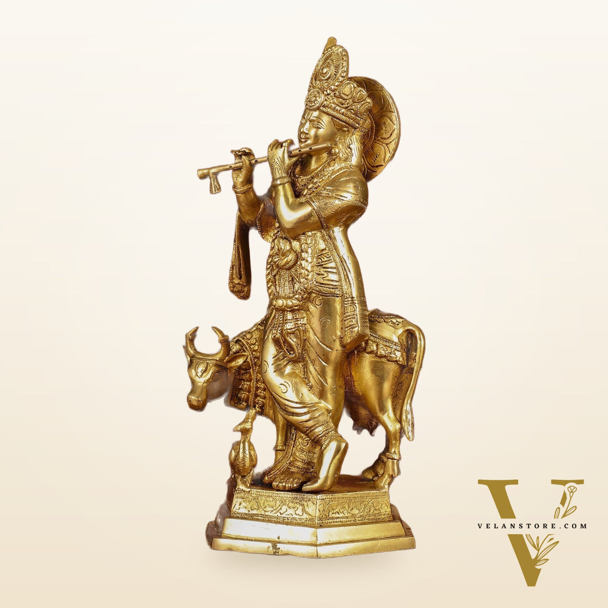 Brass Lord Krishna with Cow and Peacock | 16.5" Height