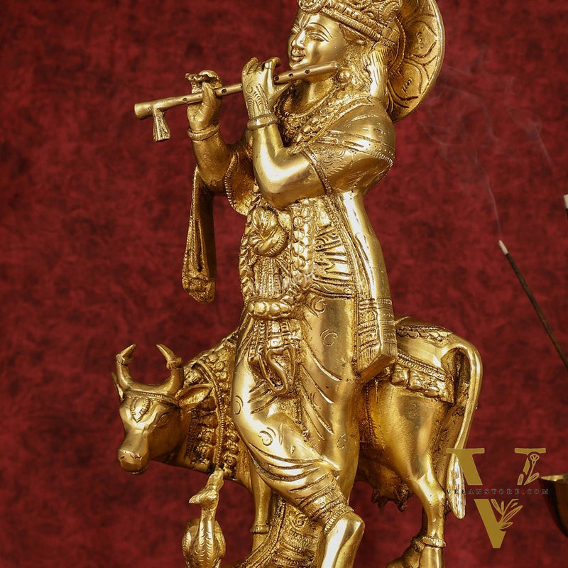 Brass Lord Krishna with Cow and Peacock | 16.5" Height
