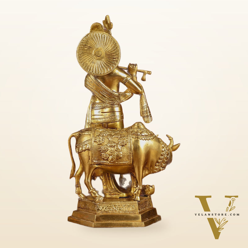Brass Lord Krishna with Cow and Peacock | 16.5" Height