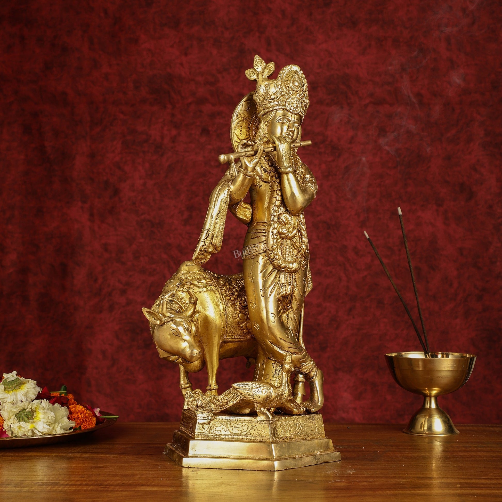 Brass Lord Krishna with Cow and Peacock | 16.5" Height
