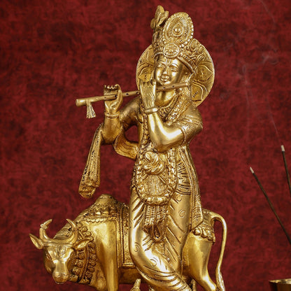 Brass Lord Krishna with Cow and Peacock | 16.5" Height