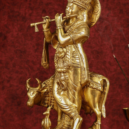 Brass Lord Krishna with Cow and Peacock | 16.5" Height