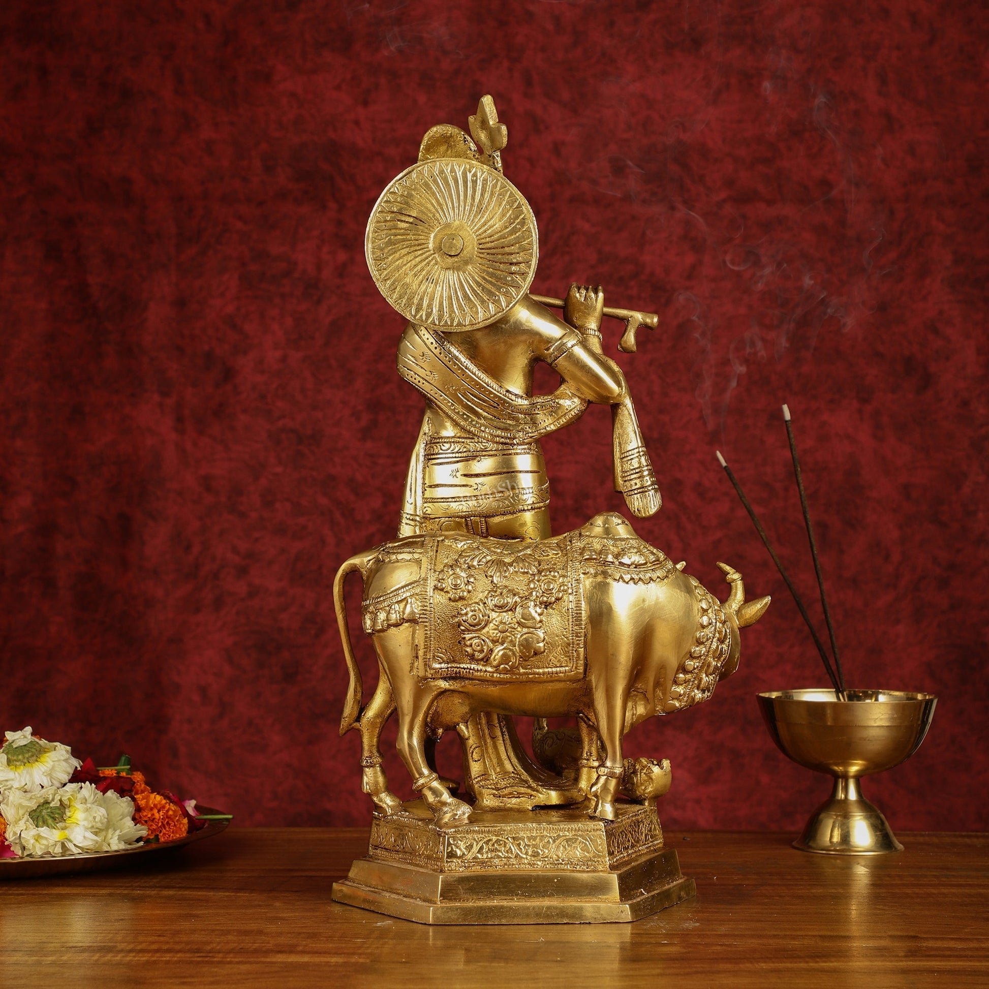 Brass Lord Krishna with Cow and Peacock | 16.5" Height