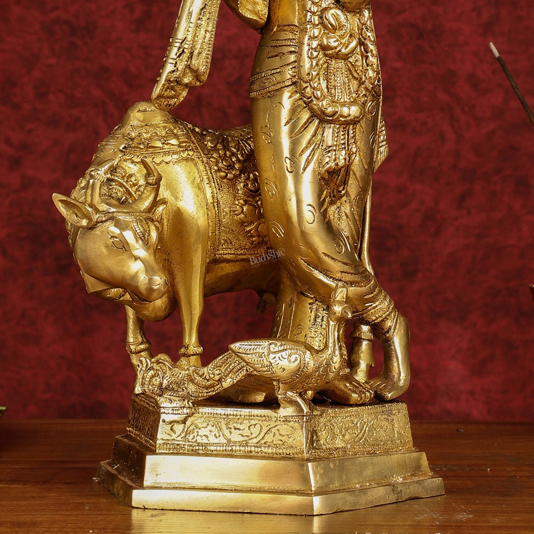 Brass Lord Krishna with Cow and Peacock | 16.5" Height