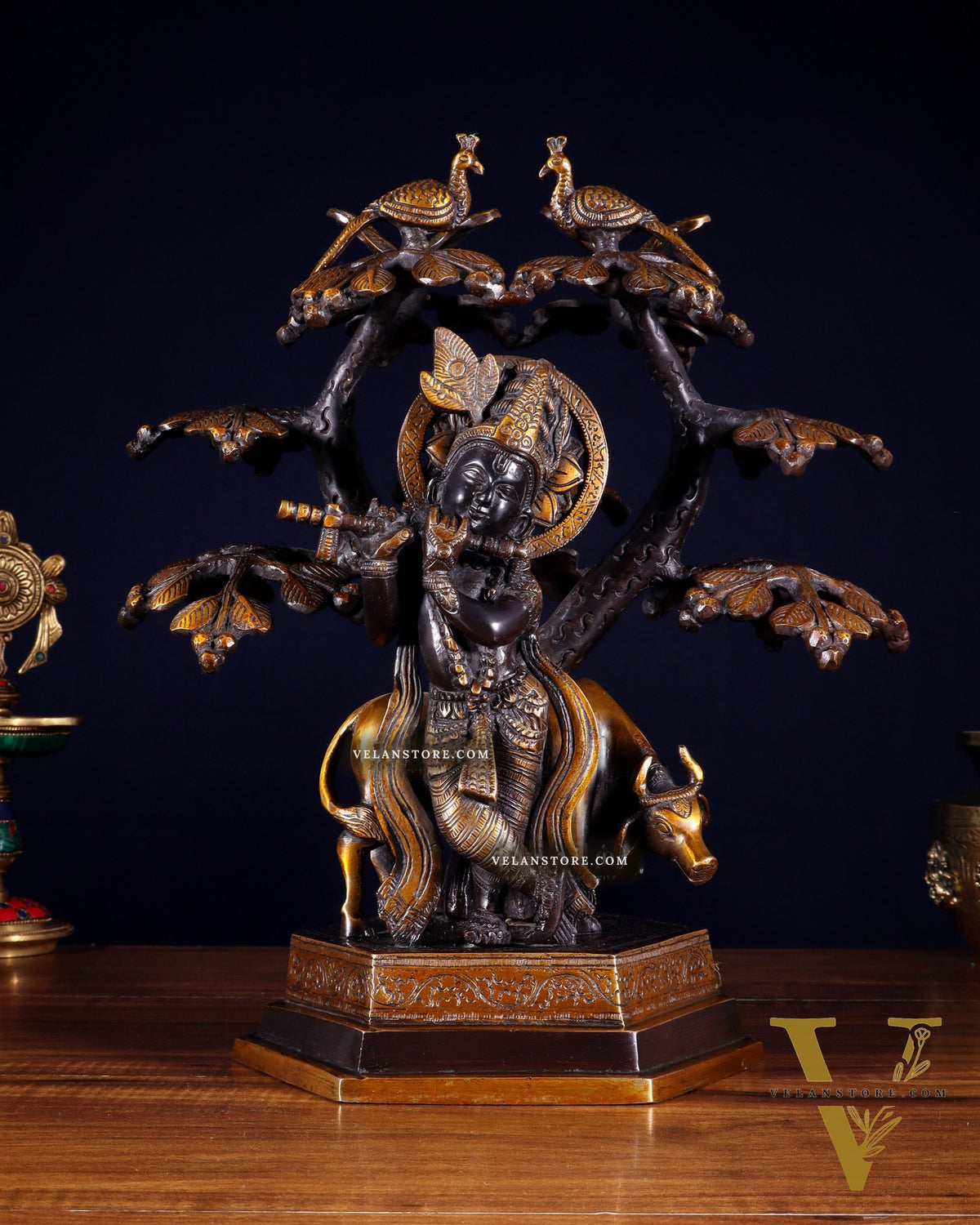Brass Lord Krishna with Cow and tree statue black 13 inch