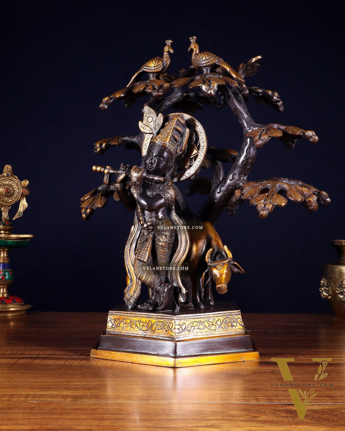 Brass Lord Krishna with Cow and tree statue black 13 inch