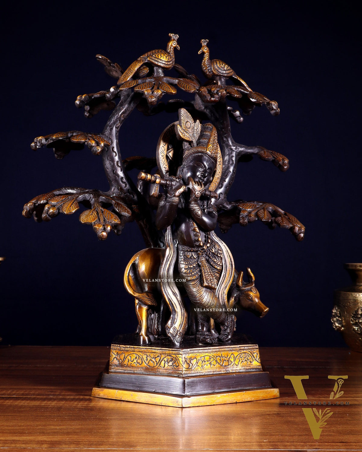 Brass Lord Krishna with Cow and tree statue black 13 inch
