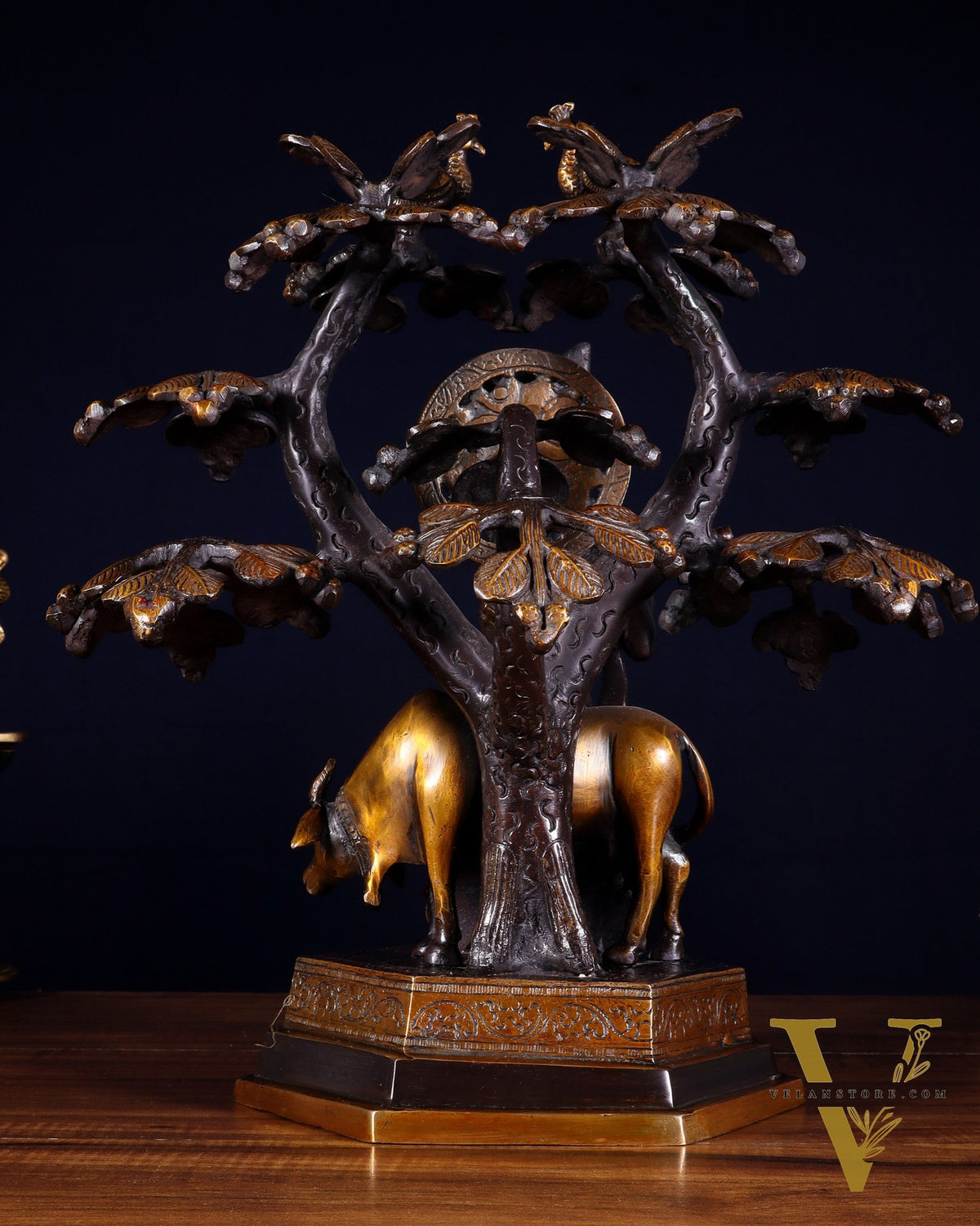 Brass Lord Krishna with Cow and tree statue black 13 inch