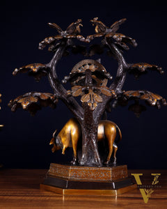 Brass Lord Krishna with Cow and tree statue black 13 inch