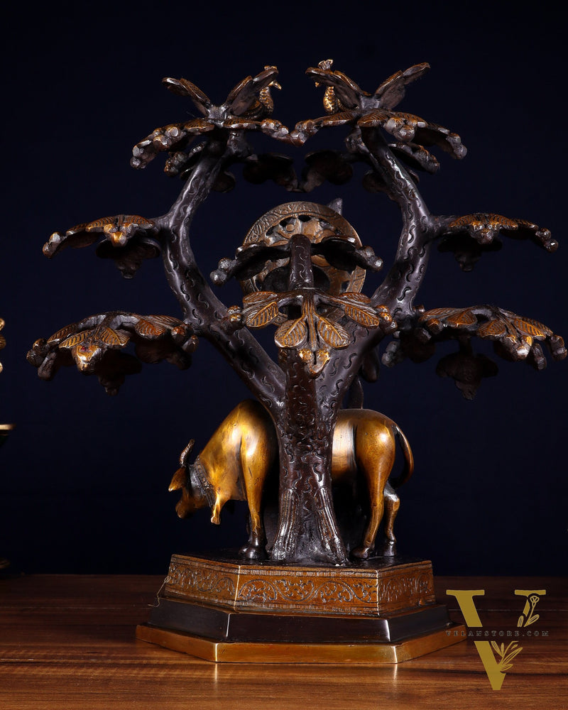 Brass Lord Krishna with Cow and tree statue black 13 inch
