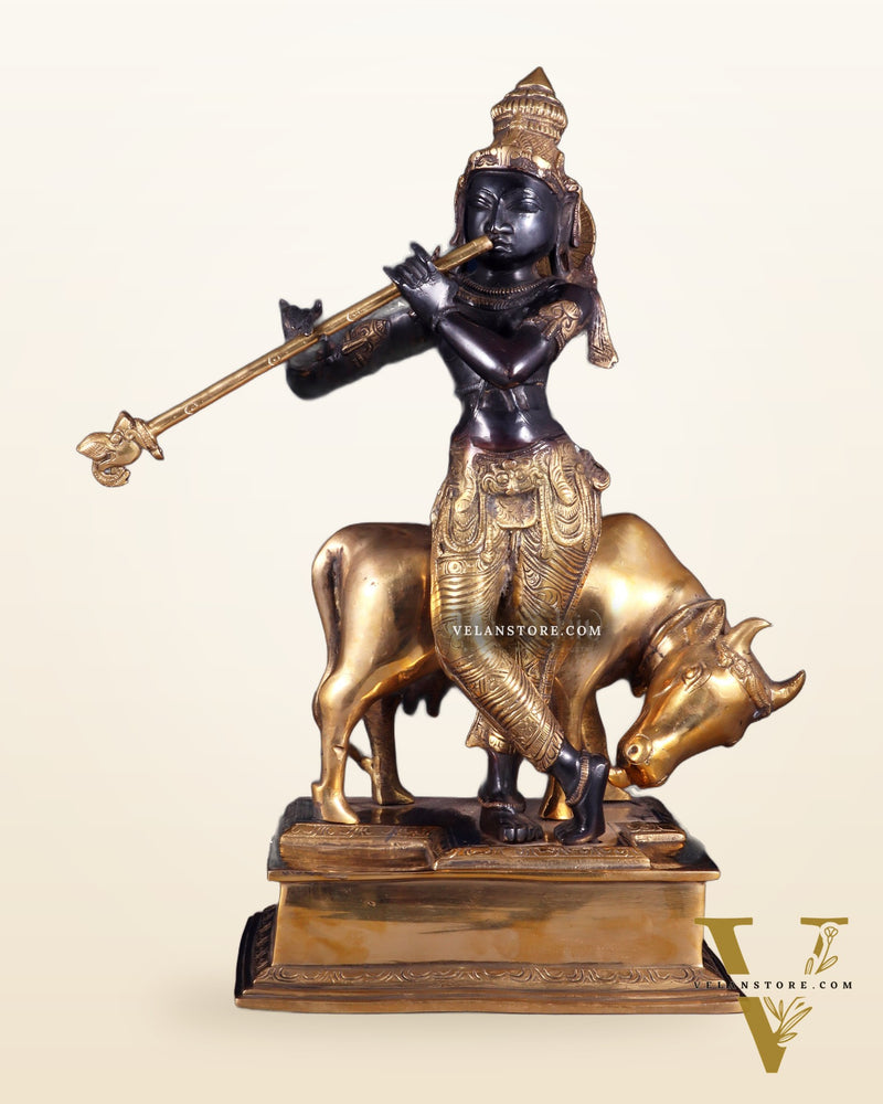 Brass Lord Krishna with Cow – Black Finish Statue 18 inch
