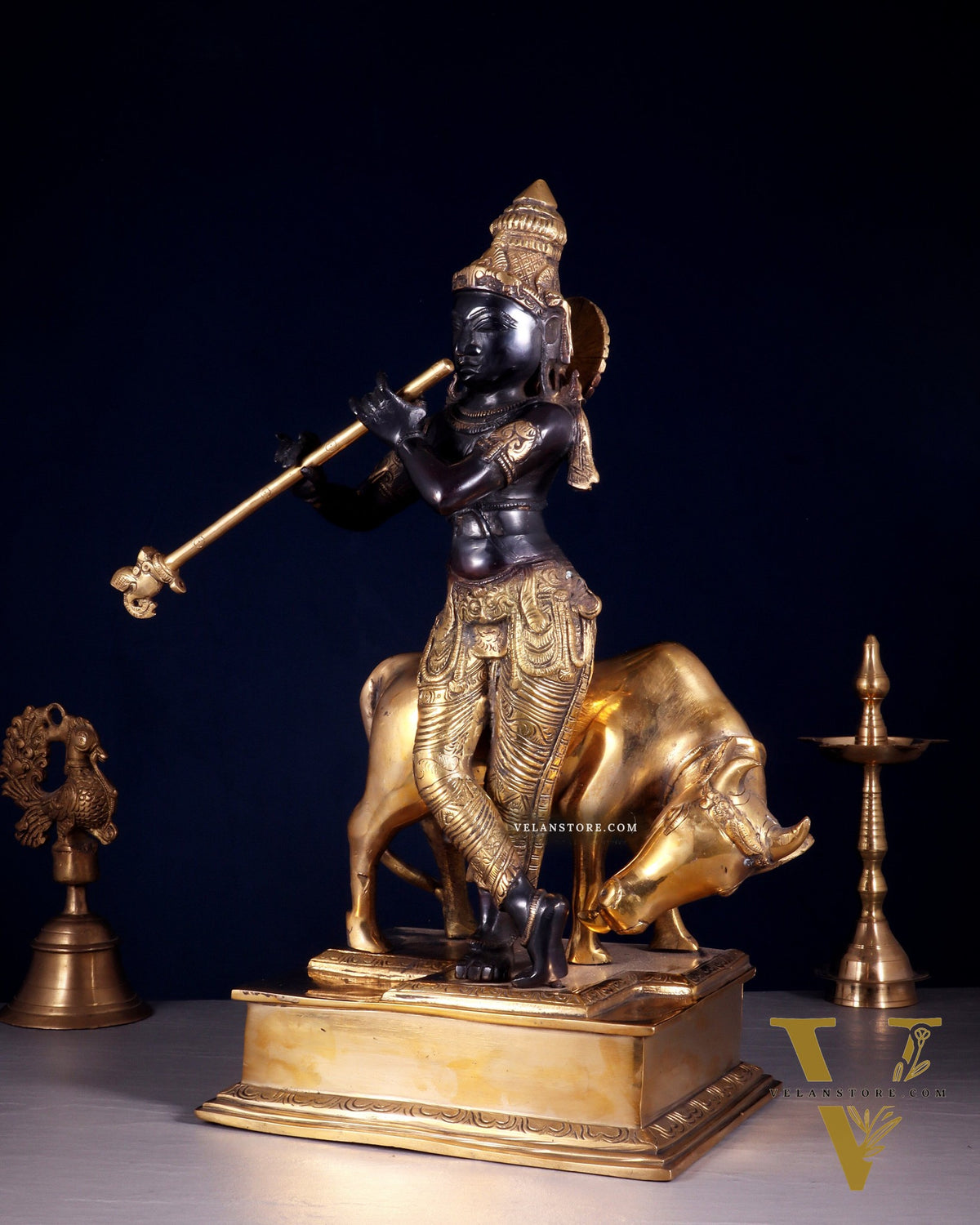 Brass Lord Krishna with Cow – Black Finish Statue 18 inch