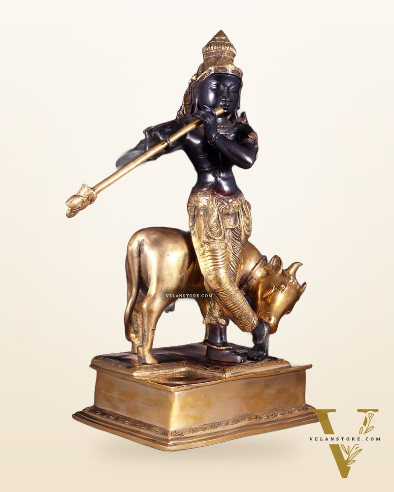 Brass Lord Krishna with Cow – Black Finish Statue 18 inch