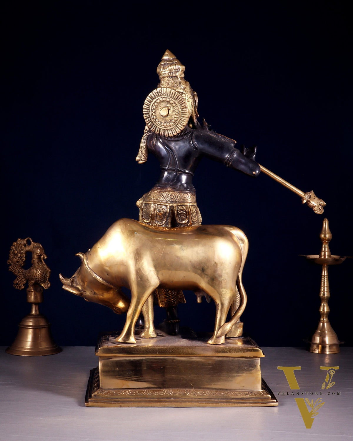 Brass Lord Krishna with Cow – Black Finish Statue 18 inch