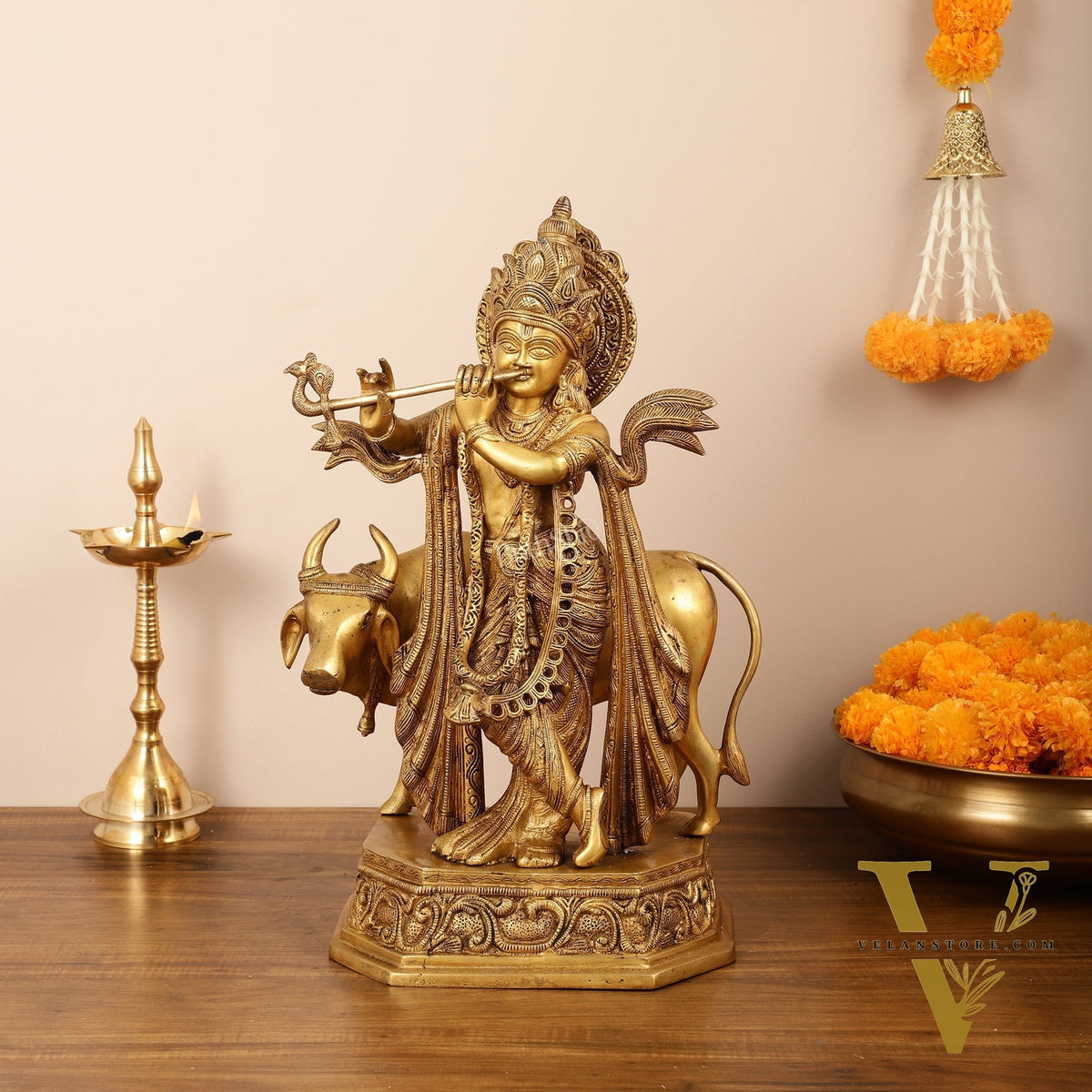 Brass Lord Krishna with Cow Idol - 20 Inch
