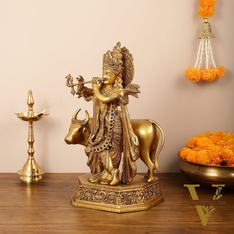 Brass Lord Krishna with Cow Idol - 20 Inch