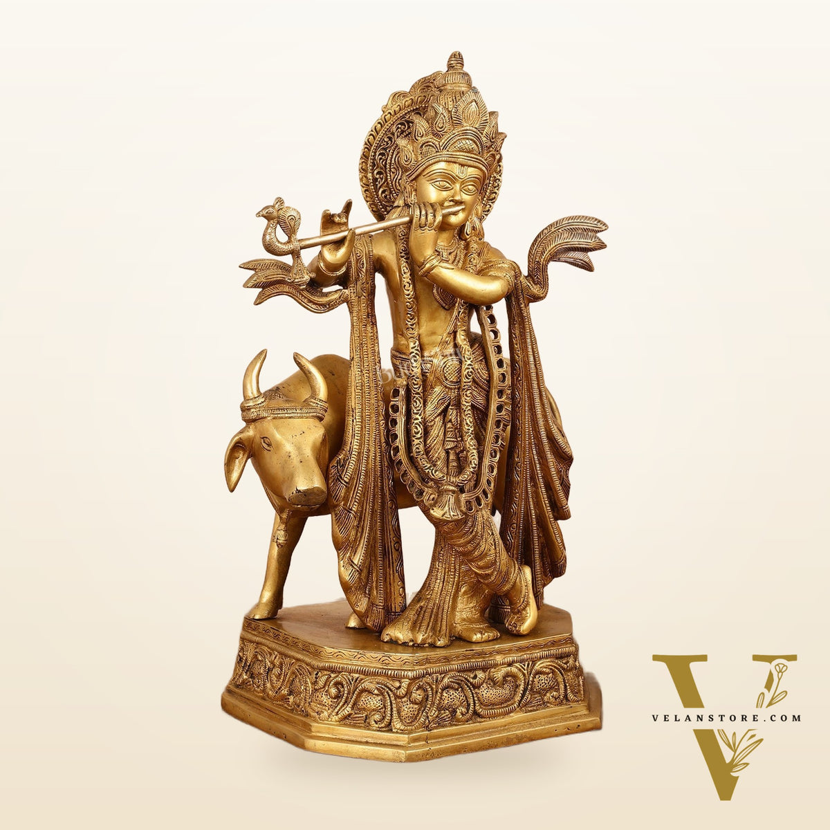 Brass Lord Krishna with Cow Idol - 20 Inch