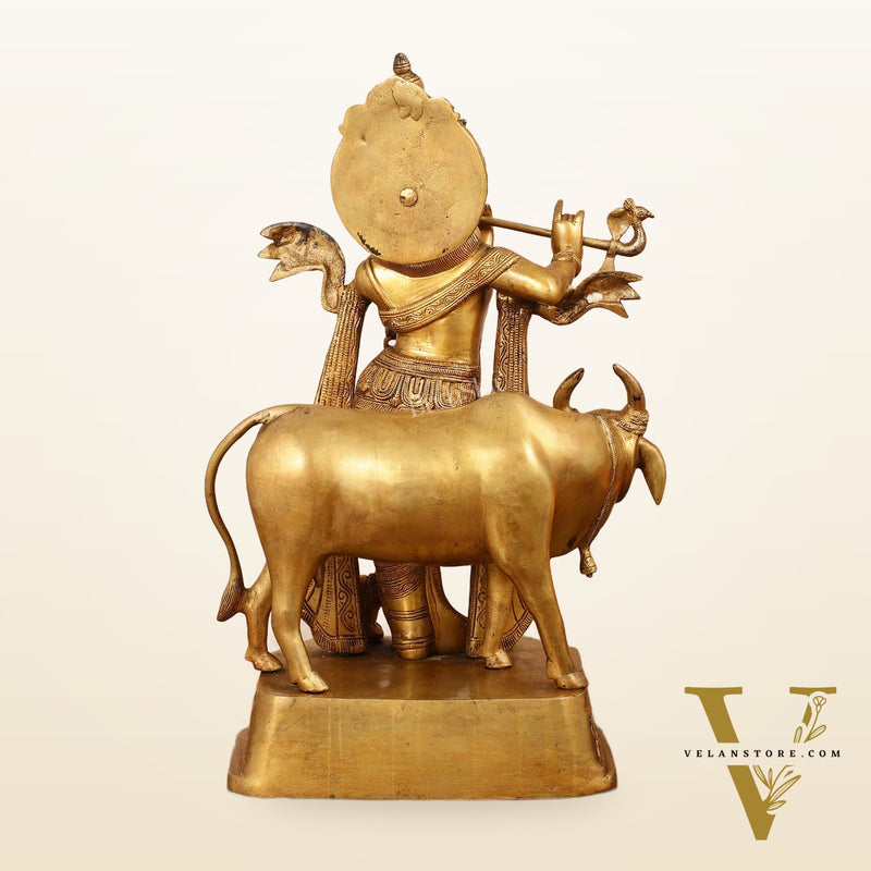 Brass Lord Krishna with Cow Idol - 20 Inch
