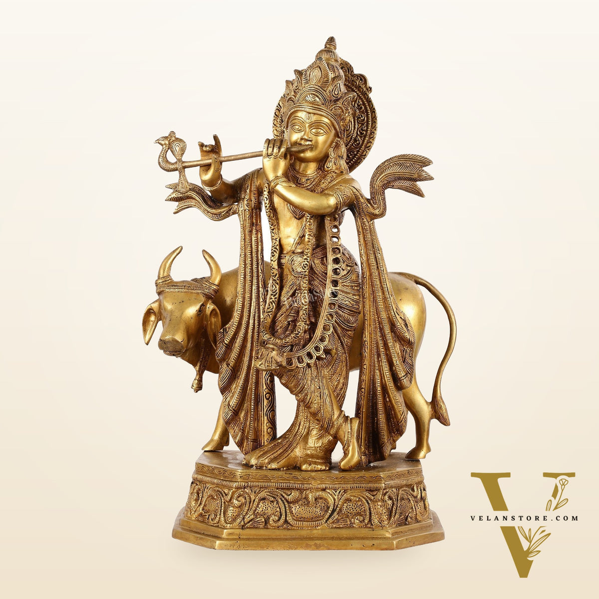 Brass Lord Krishna with Cow Idol - 20 Inch