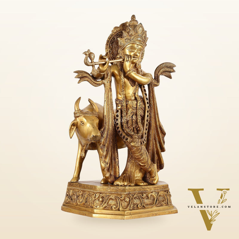 Brass Lord Krishna with Cow Idol - 20 Inch