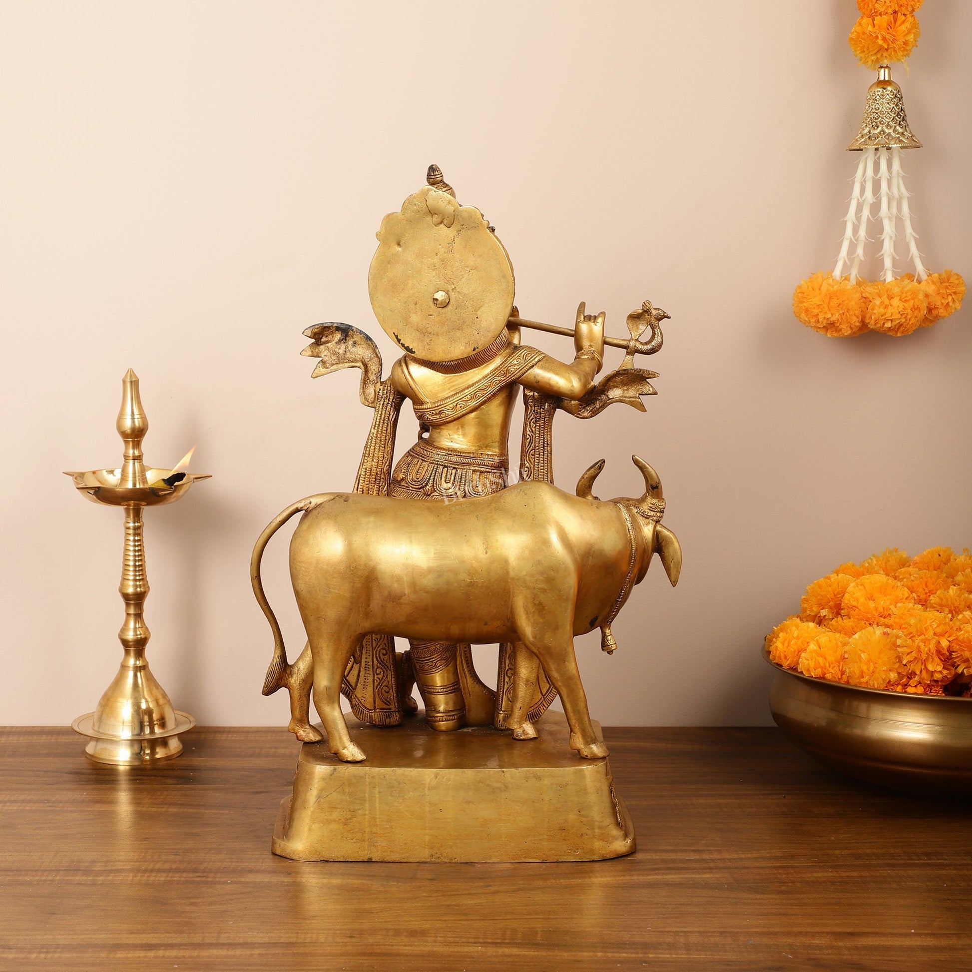 Brass Lord Krishna with Cow Idol - 20 Inch