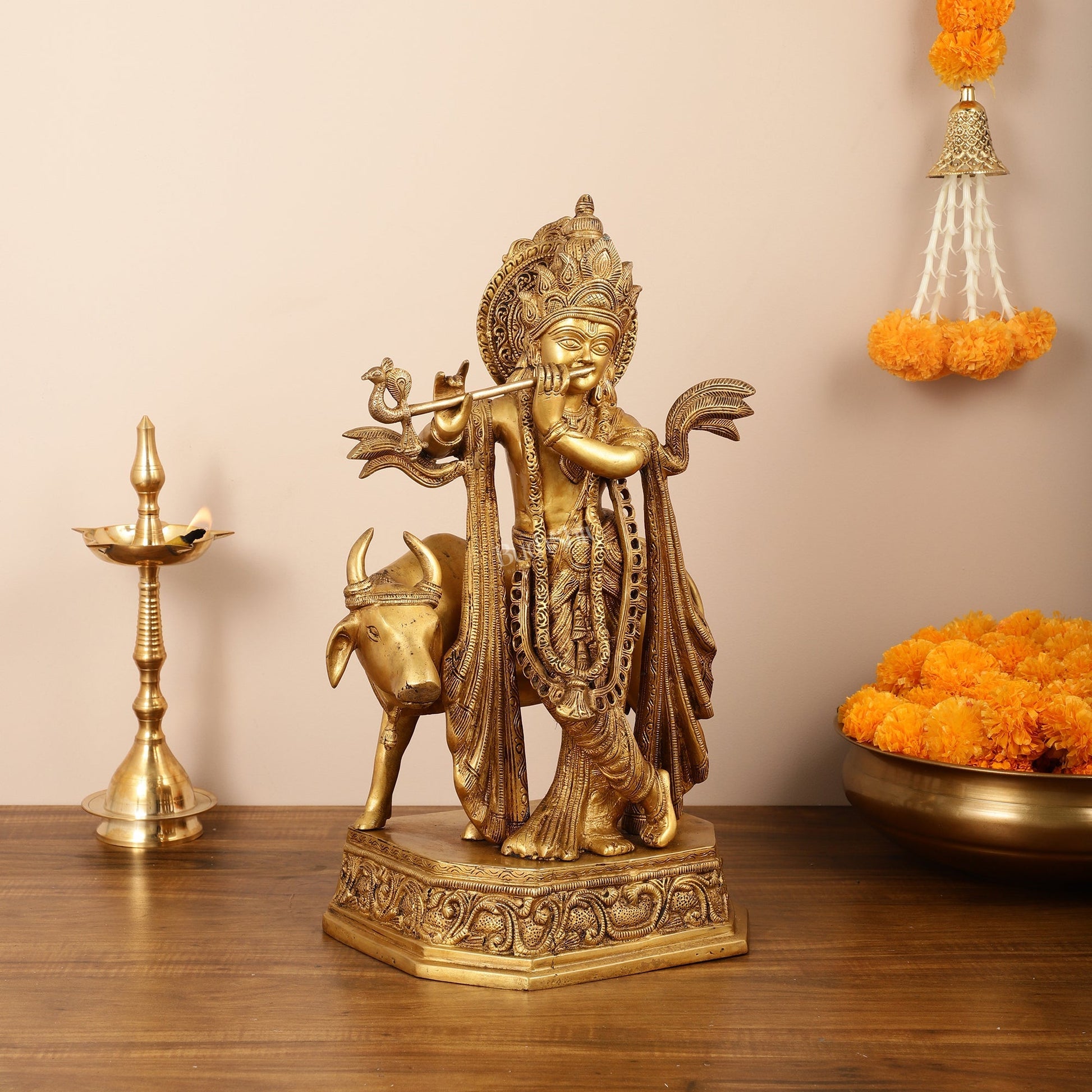 Brass Lord Krishna with Cow Idol - 20 Inch