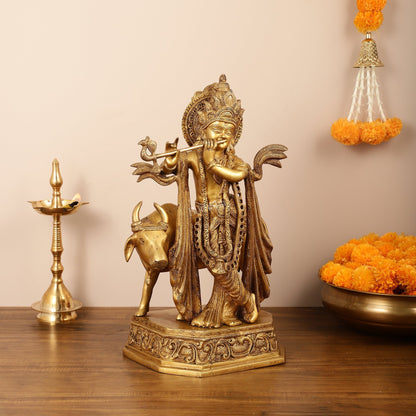 Brass Lord Krishna with Cow Idol - 20 Inch