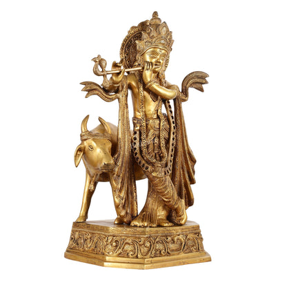 Brass Lord Krishna with Cow Idol - 20 Inch