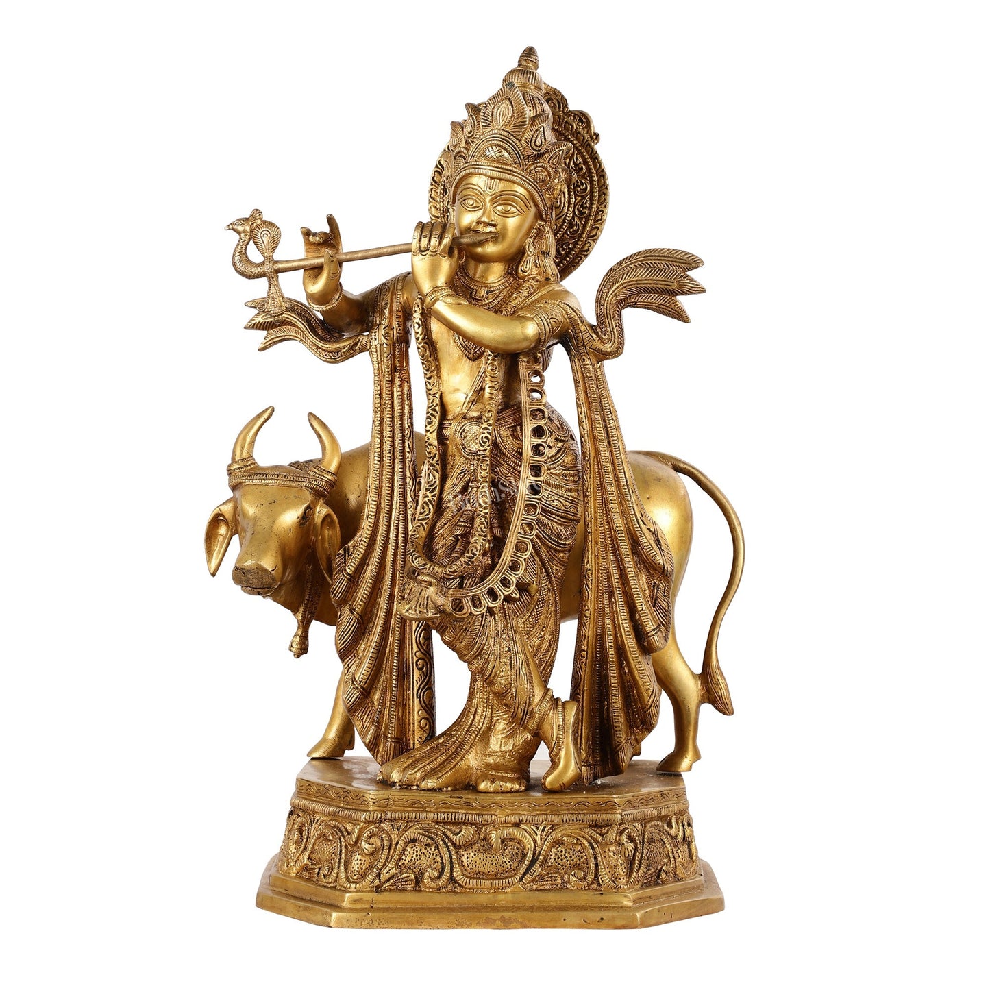 Brass Lord Krishna with Cow Idol - 20 Inch