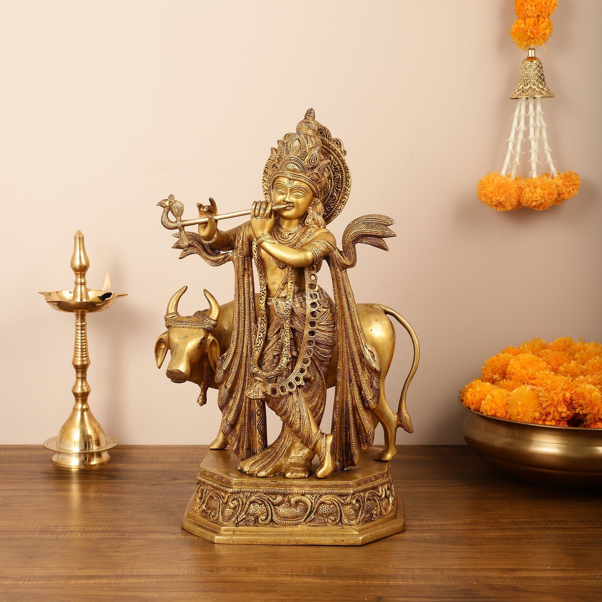 Brass Lord Krishna with Cow Idol - 20 Inch