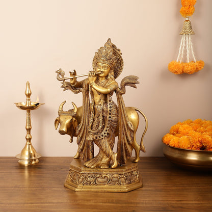 Brass Lord Krishna with Cow Idol - 20 Inch