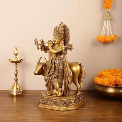 Brass Lord Krishna with Cow Idol - 20 Inch