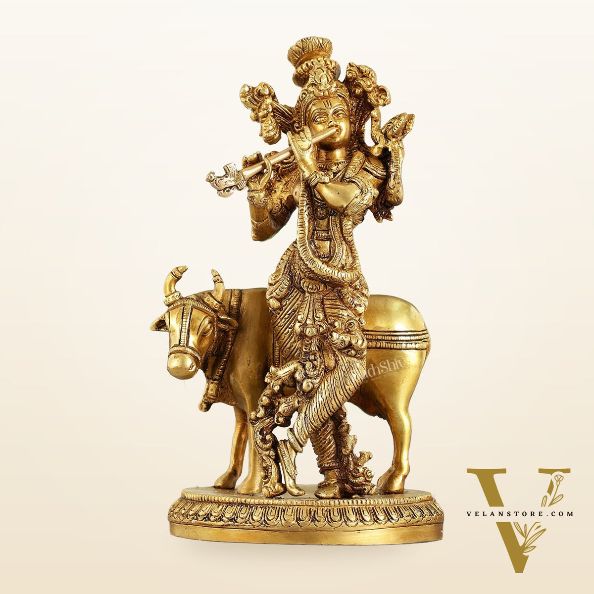 Brass Lord Krishna with Cow Idol - 9.5 Inch