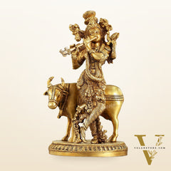 Brass Lord Krishna with Cow Idol - 9.5 Inch