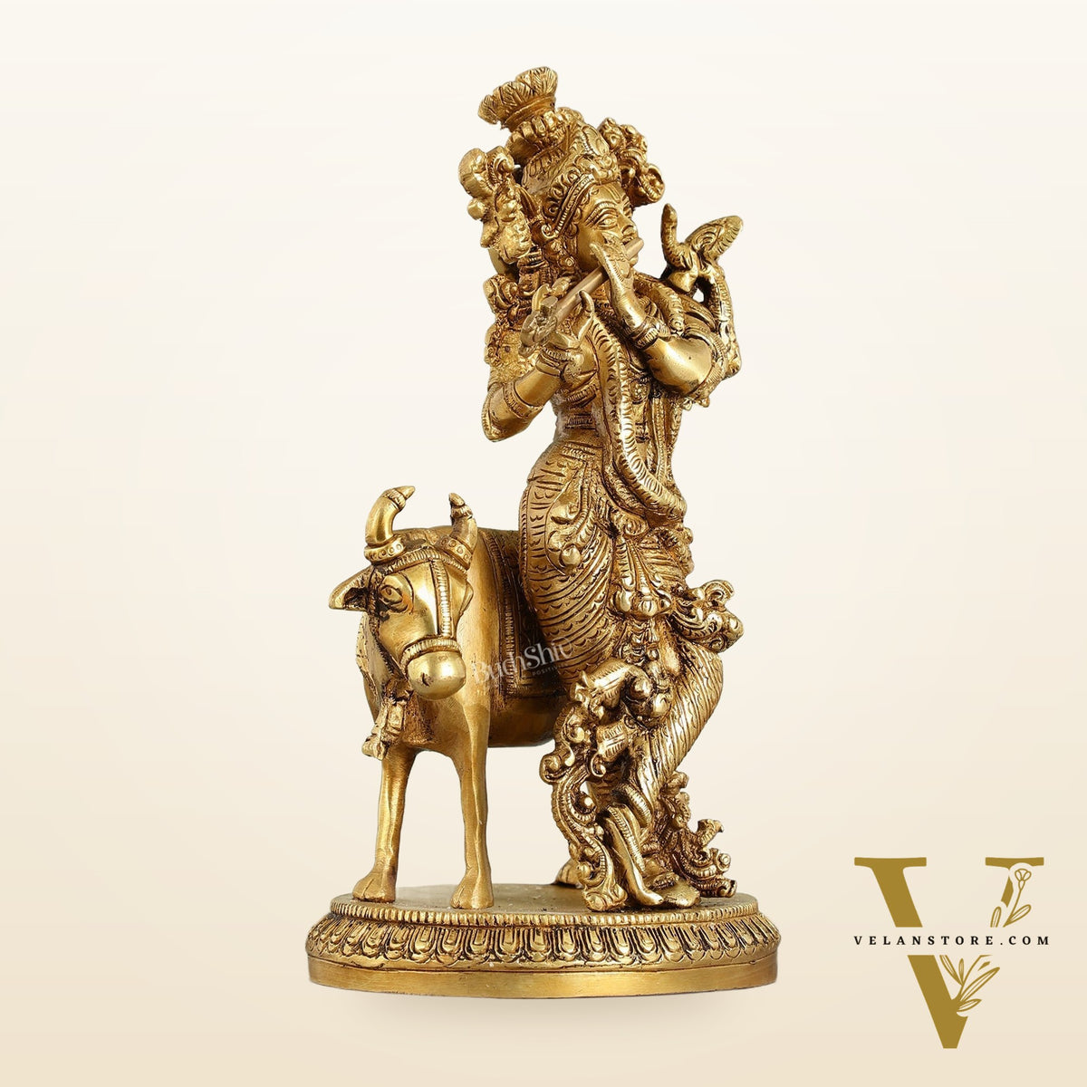 Brass Lord Krishna with Cow Idol - 9.5 Inch