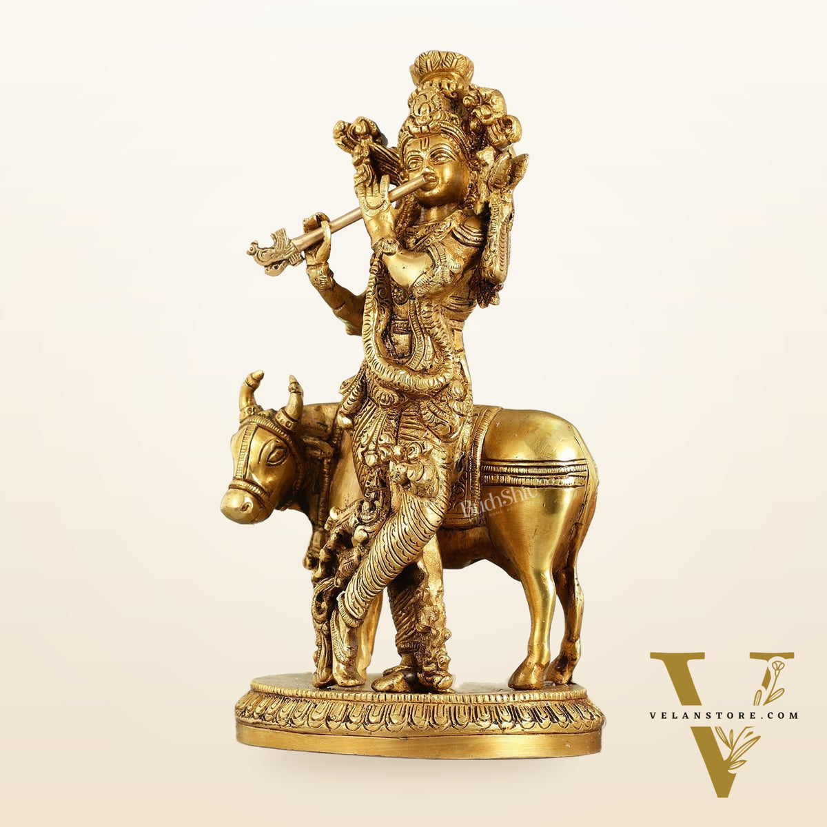 Brass Lord Krishna with Cow Idol - 9.5 Inch