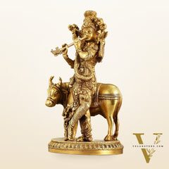 Brass Lord Krishna with Cow Idol - 9.5 Inch