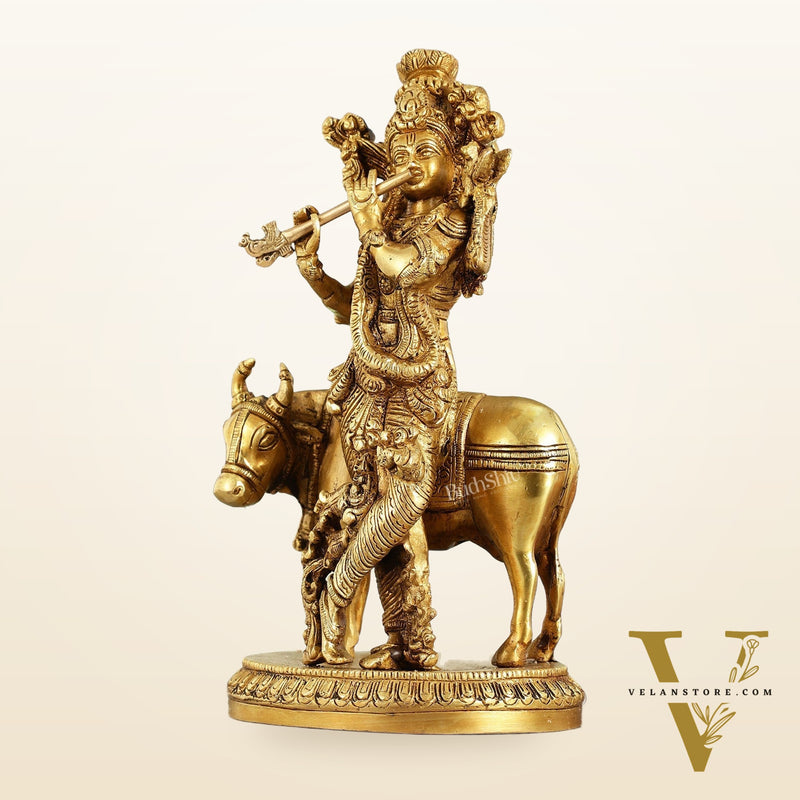 Brass Lord Krishna with Cow Idol - 9.5 Inch