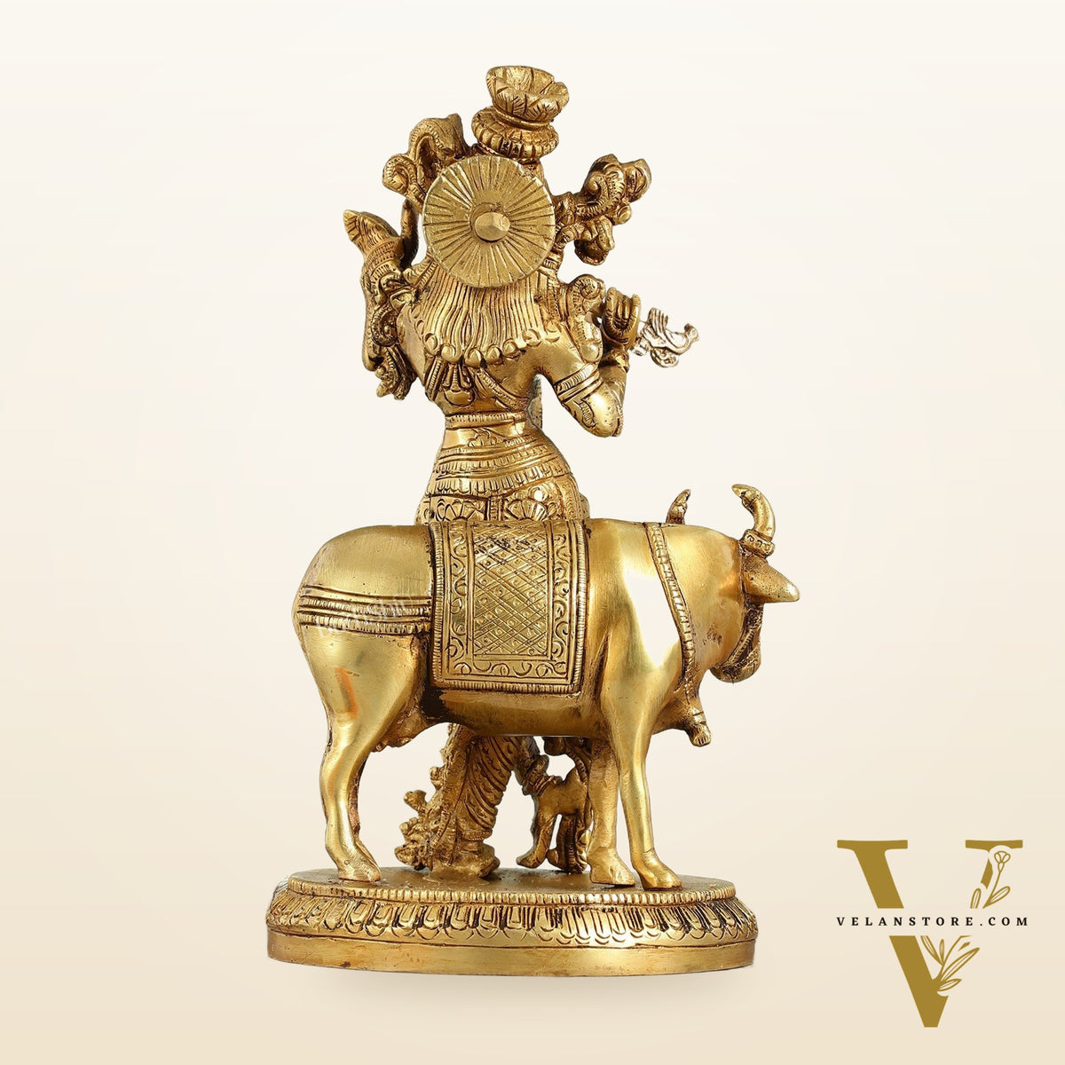 Brass Lord Krishna with Cow Idol - 9.5 Inch