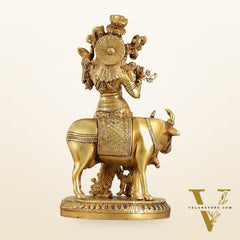 Brass Lord Krishna with Cow Idol - 9.5 Inch