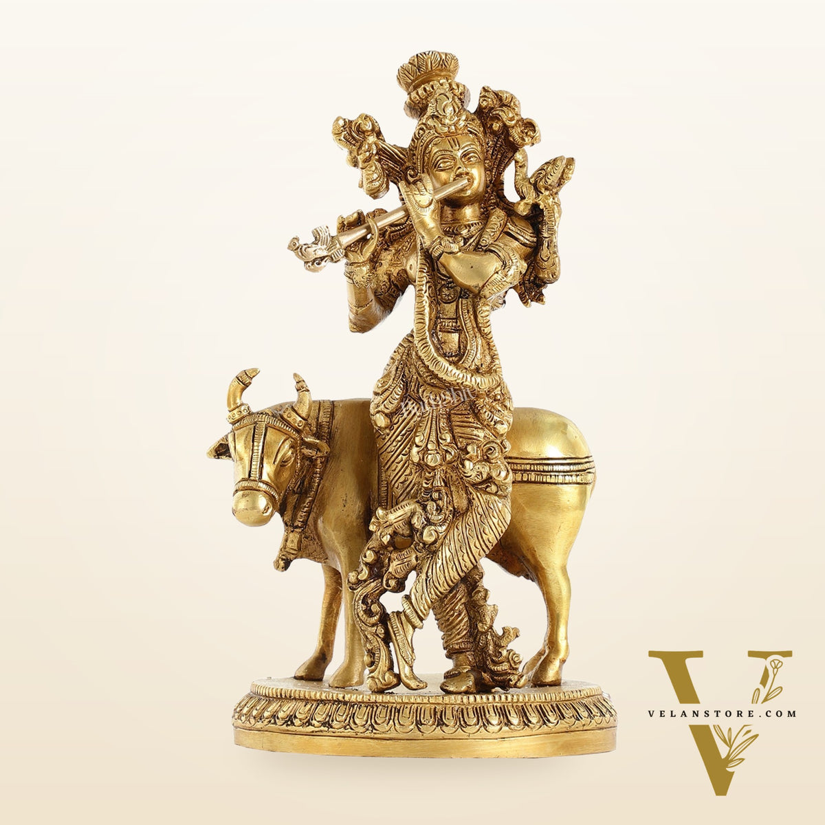 Brass Lord Krishna with Cow Idol - 9.5 Inch