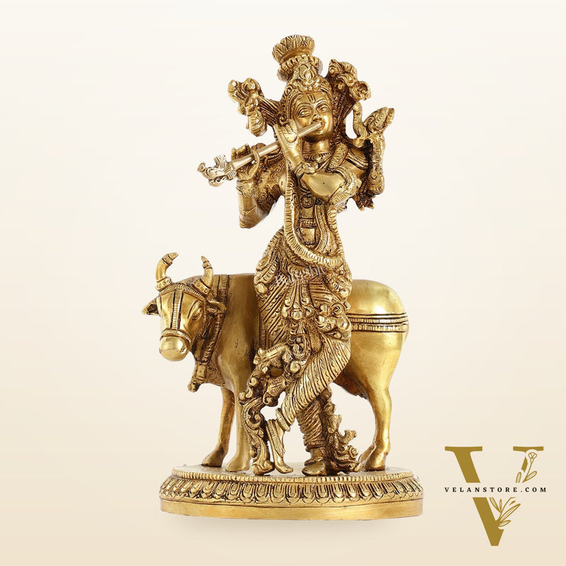 Brass Lord Krishna with Cow Idol - 9.5 Inch