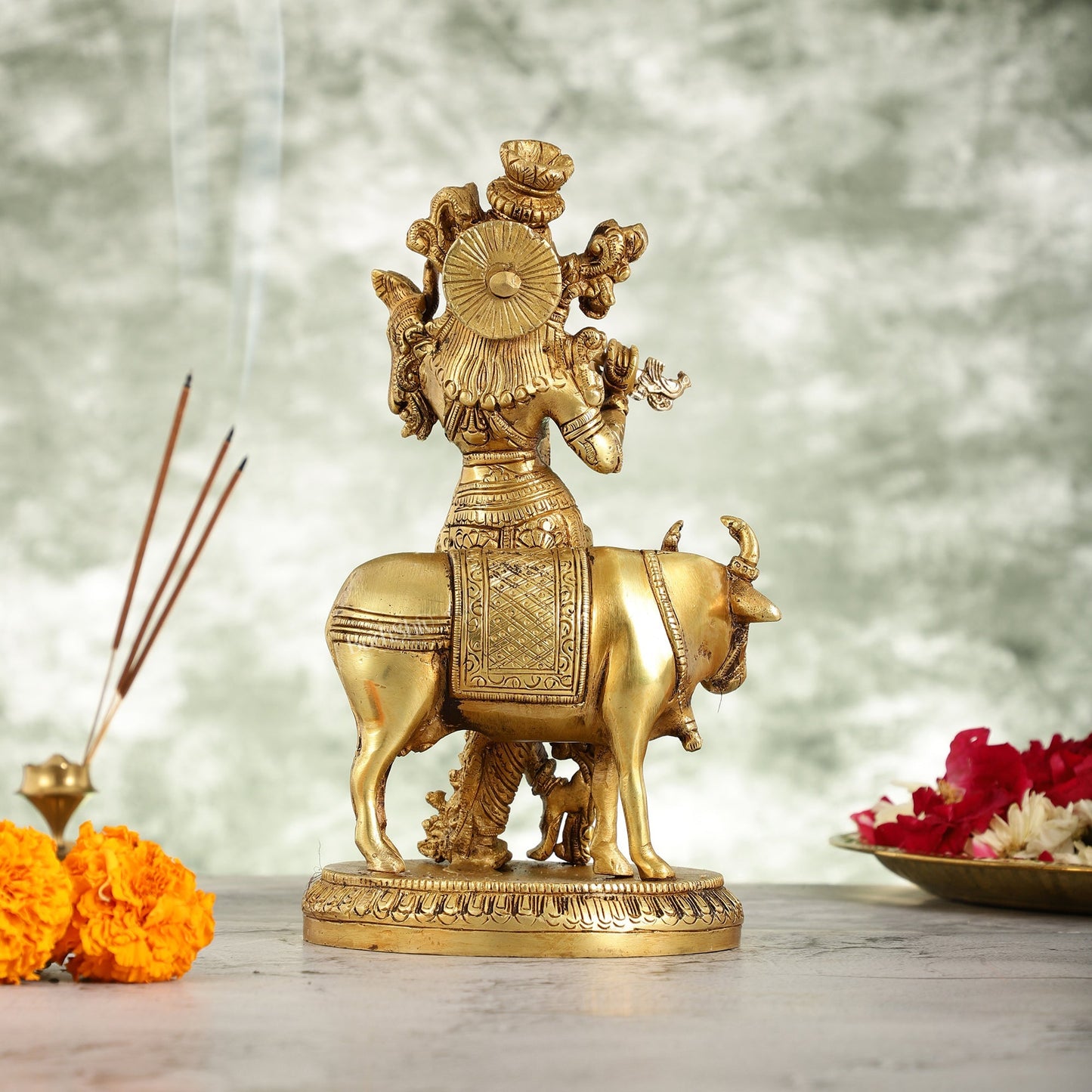 Brass Lord Krishna with Cow Idol - 9.5 Inch