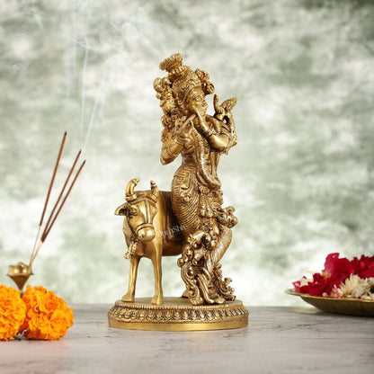 Brass Lord Krishna with Cow Idol - 9.5 Inch