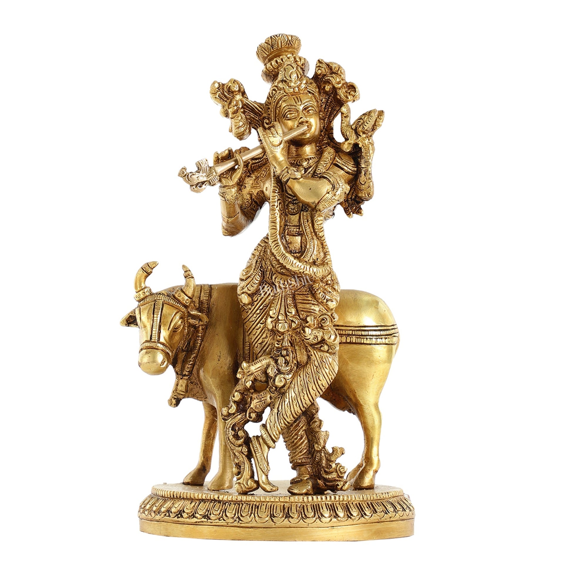 Brass Lord Krishna with Cow Idol - 9.5 Inch