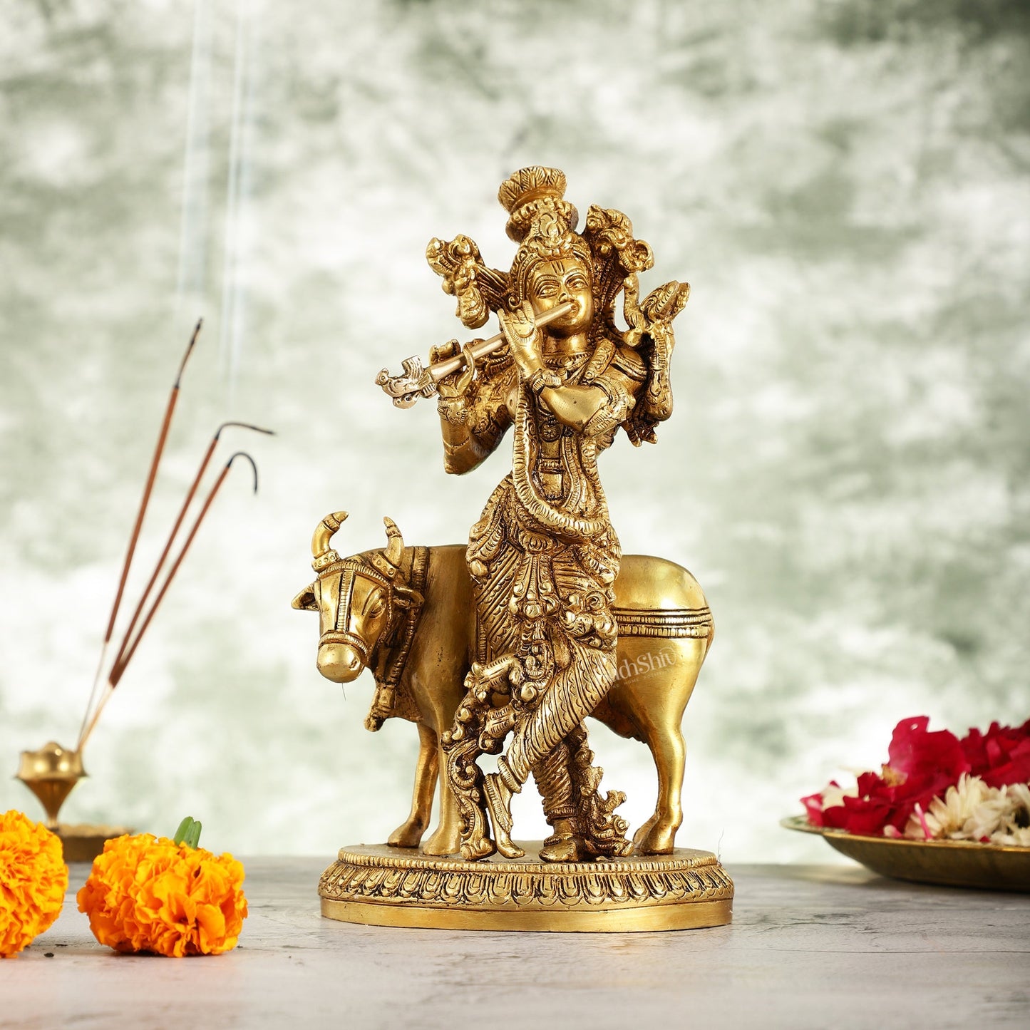 Brass Lord Krishna with Cow Idol - 9.5 Inch