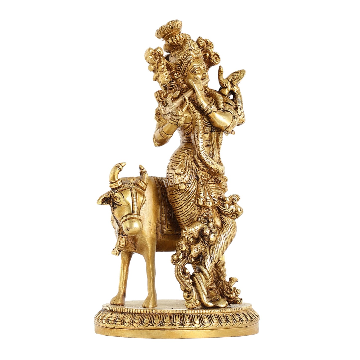 Brass Lord Krishna with Cow Idol - 9.5 Inch
